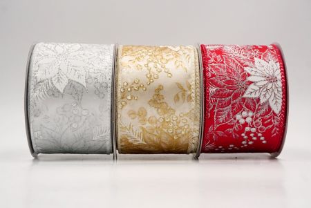 Glitter Poinsettia & Holly Wired Ribbon - Glitter Poinsettia & Holly Wired Ribbon